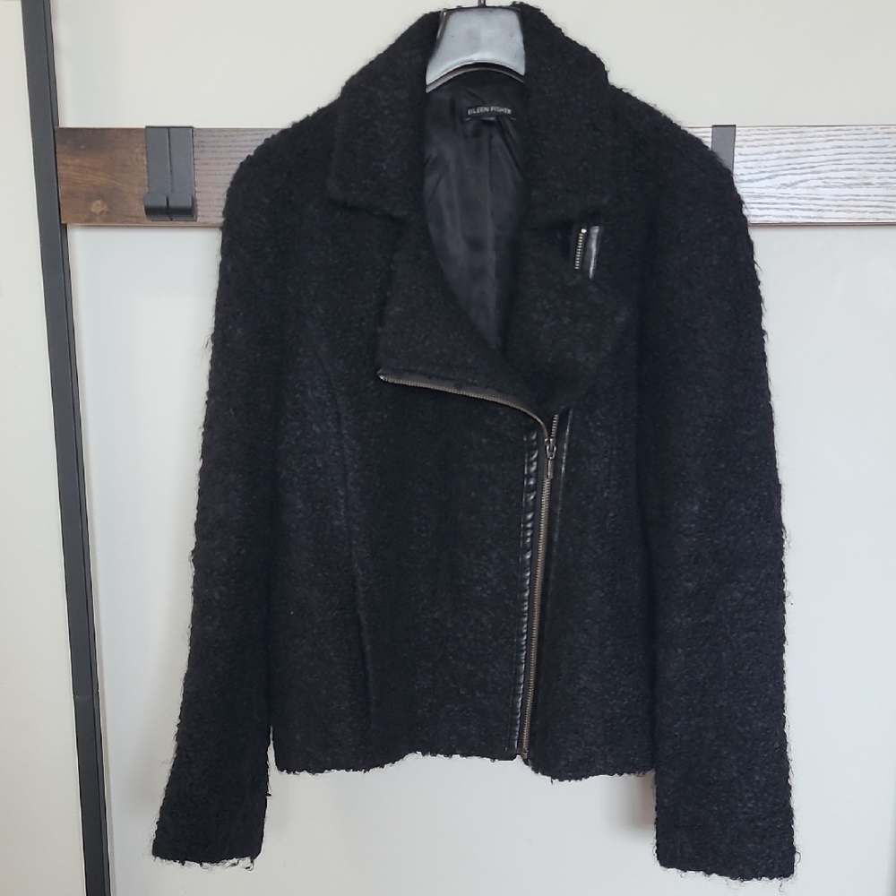 EILEEN FISHER Jacket Med Suri Alpaca Wool Blend Boucle Moto Asymmetric Zip Black